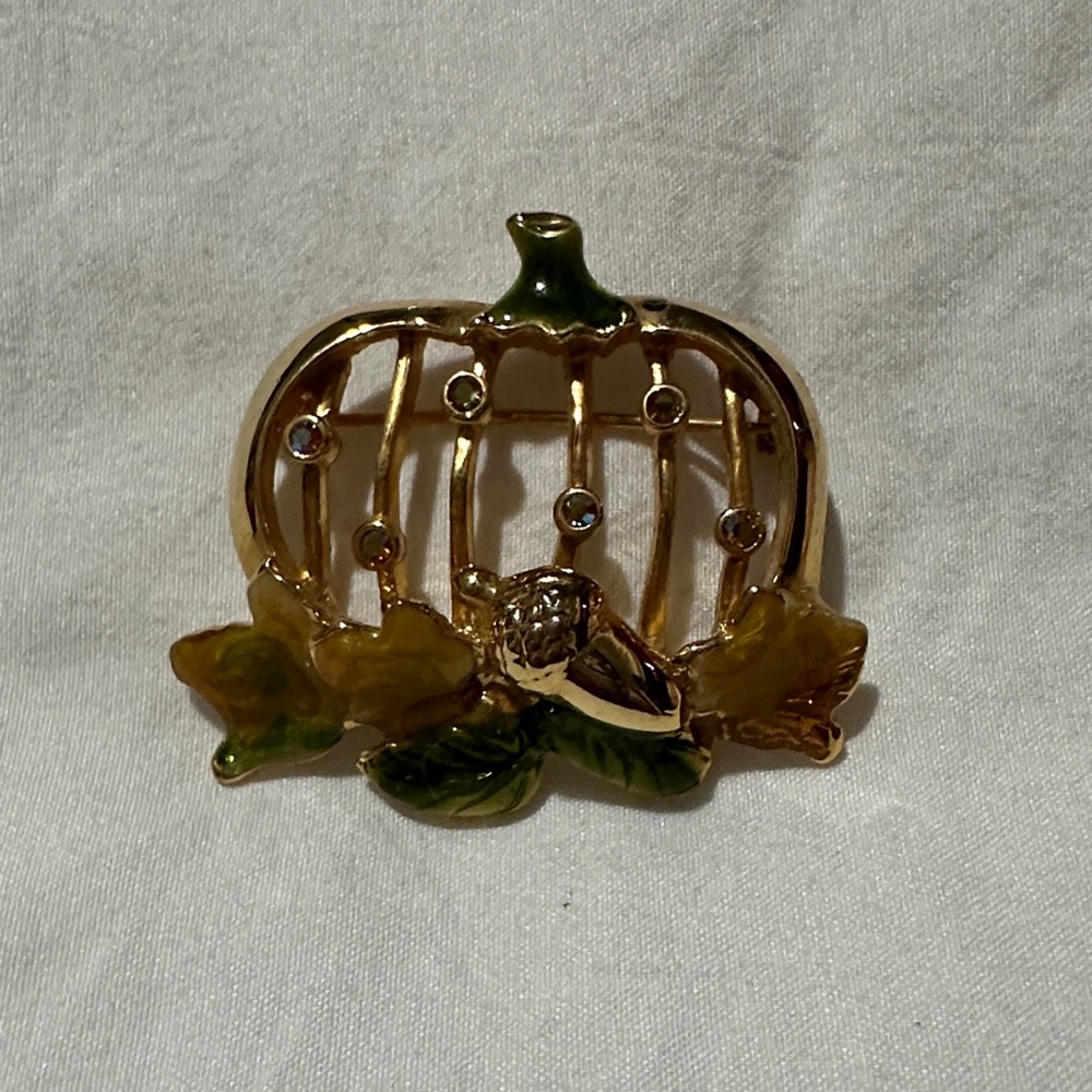 Vintage Fall Gold and Green Leaf Pumpkin Brooch